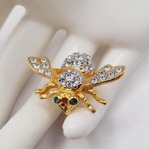 Vintage 1990s Joan Rivers Bee Brooch – Clear Pave Rhinestones, Green Eyes, Pin - Picture 2 of 9